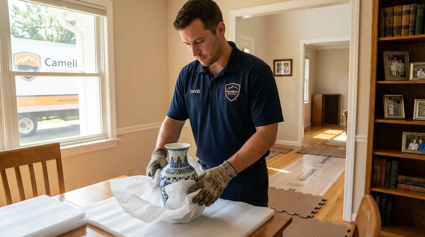 Professional crew carefully wrapping antique vase for senior downsizing move in Clinton, KY